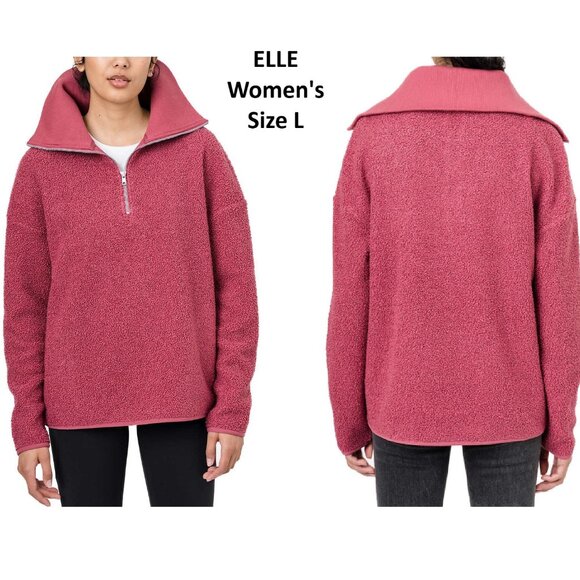 Elle Sweater Maroon / Pink Looped Quarter-Zip Fleece Pullover Women's Size L - Picture 1 of 12